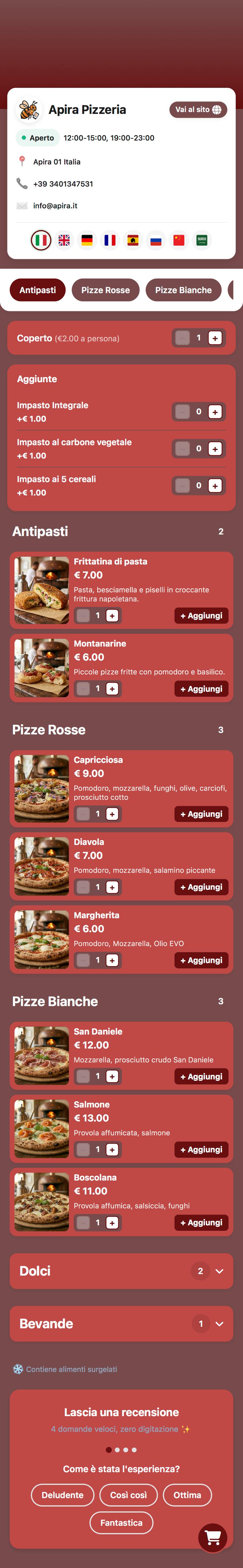 Menu digitale Apira Pizzeria