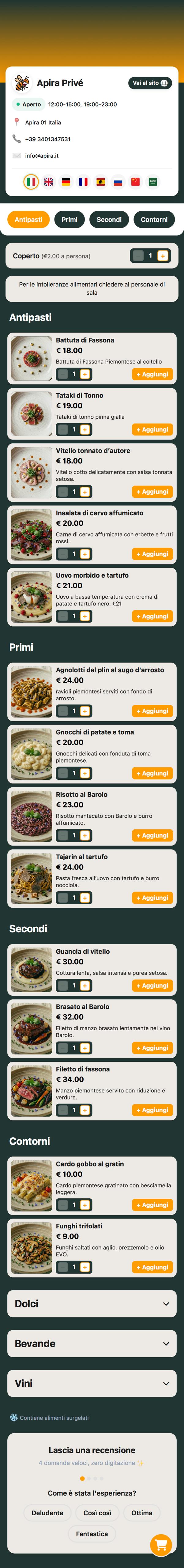 Menu digitale Apira Privé