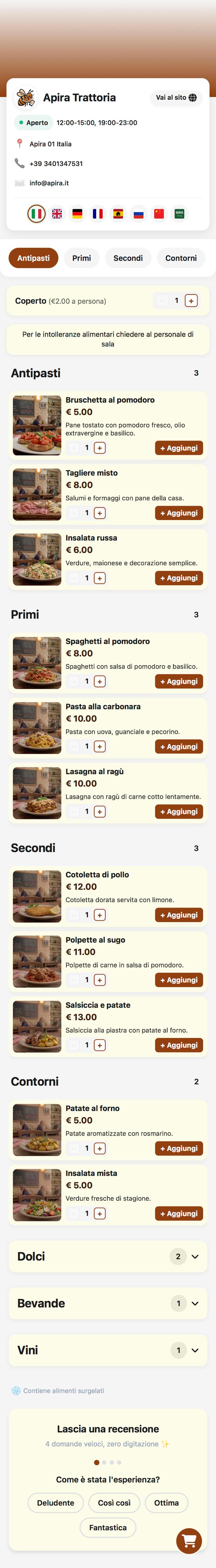 Menu digitale Apira Trattoria
