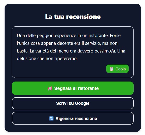 Feedback privato inviato al ristorante