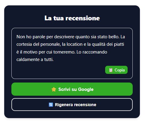 Recensione generata pronta da pubblicare su Google